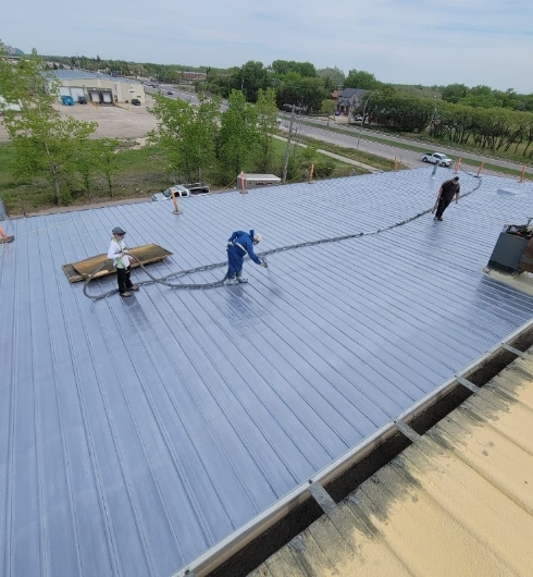 workers applying spray foam to metal corrugated roof