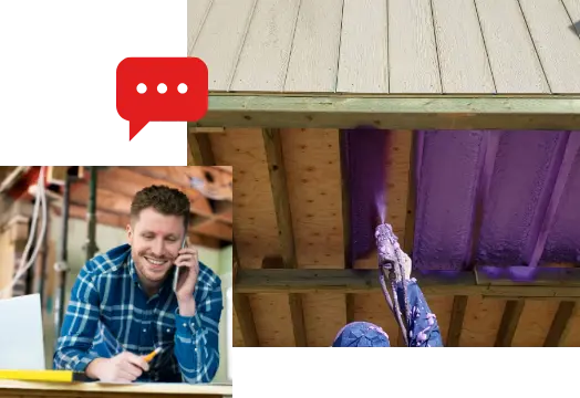photo of smiling customer talking on phone - second photo of worker spraying foam on residential home